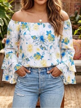 Arabella Off-Shoulder Floral Peasant Top in White with Blue & Yellow Bloom